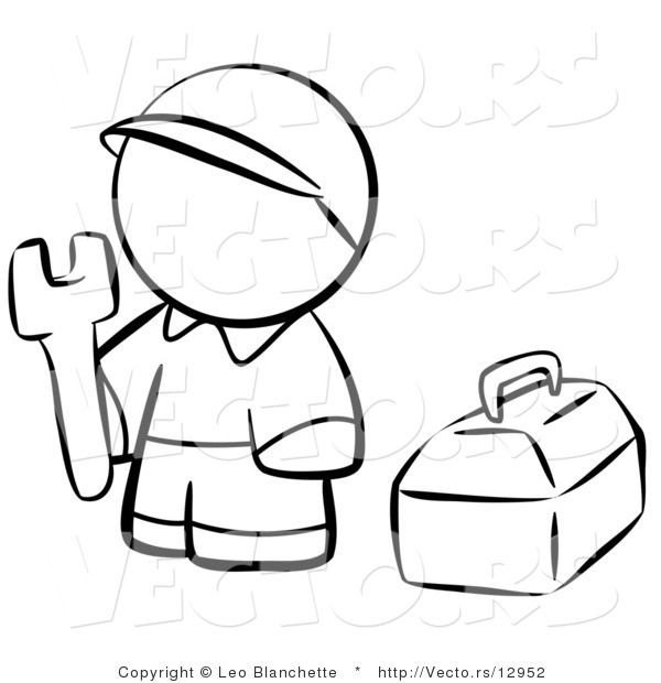 Vector of Contractor Person with His Tool Box - Coloring Page Outlined Art