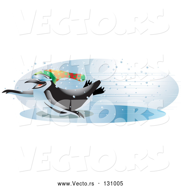 Vector of Cool and Energetic Black and White Penguin Wearing Shades and a Hat, Sliding Across an Iced over Body of Water with Speed on a Snowy Winter Day