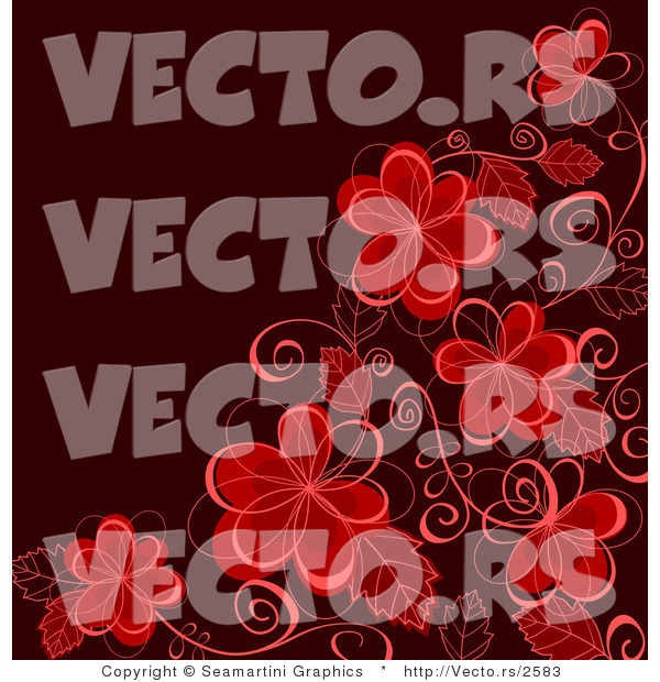 Vector of Corner Border Featuring Red Flowers and Vines over Dark Background