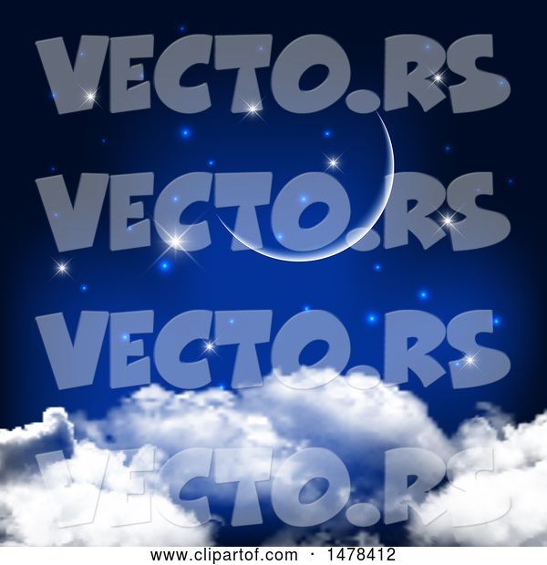 Vector of Crescent Moon and Stars over Clouds
