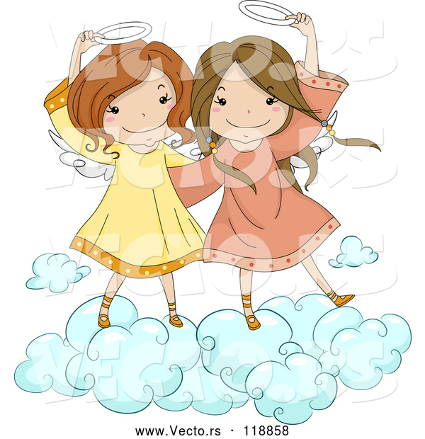 Vector of Cute Angel Girls Holding Their Halos on a Cloud