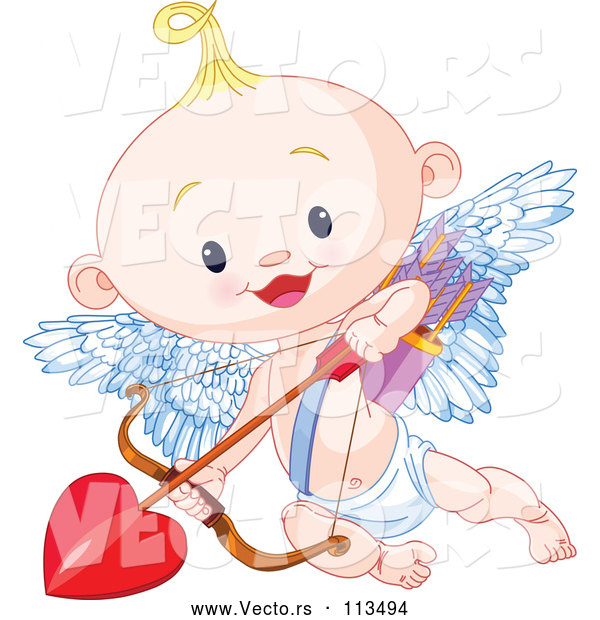 Vector of Cute Blond White Baby Cupid Flying with a Heart Arrow