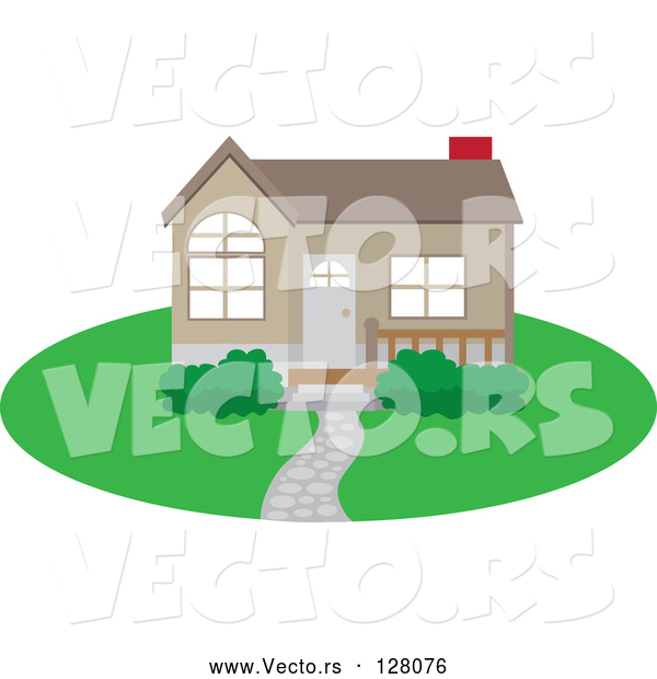 Vector of Cute Brown Home with a Path, Yard and Red Chimney
