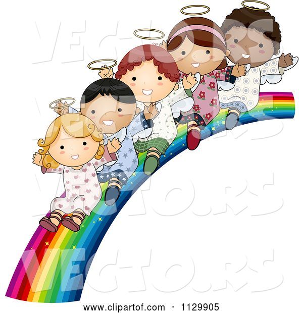 Vector of Cute Cartoon Multi Ethnic Angel Children Sliding down a Rainbow