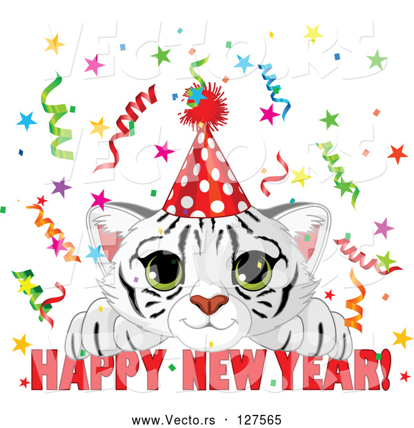 Vector of Cute White Tiger Cub Wearing a Party Hat and Looking over a Happy New Year Greeting, with Confetti