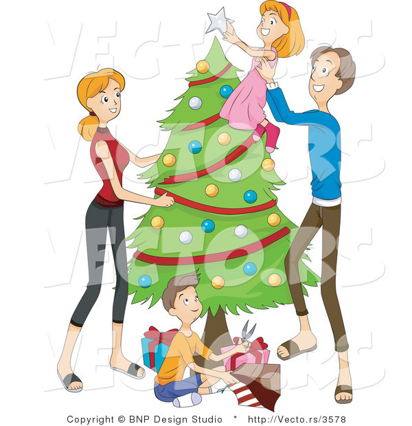 Vector of Dad Lifting Daughter to Put Topper on Christmas Tree While Mother Watches and Son Wraps Presents