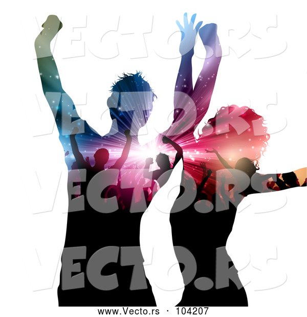 Vector of Dancing Couple with Silhouetted People and Lights on Their Bodies