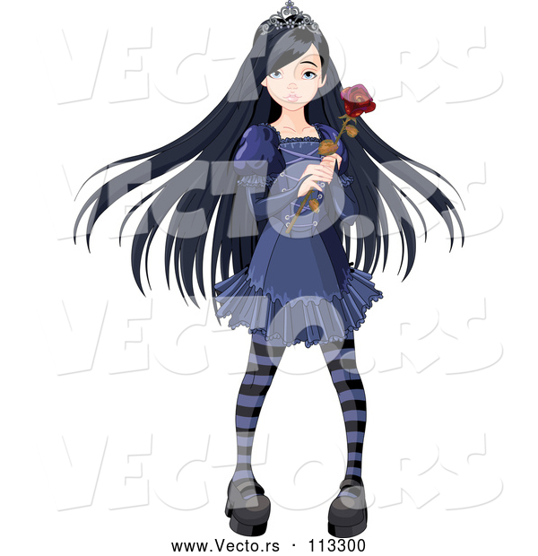 Vector of Dark Gothic Princess with Long Black Hair, Holding a Rose