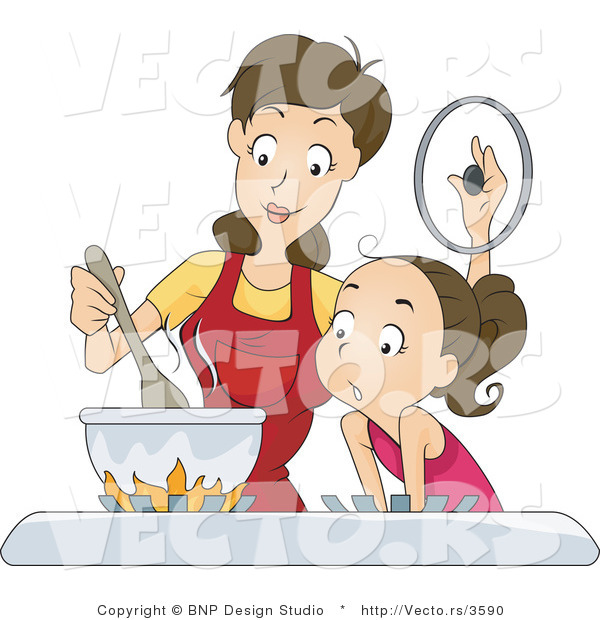 Vector of Daughter and Mom Cooking on a Gas Stove