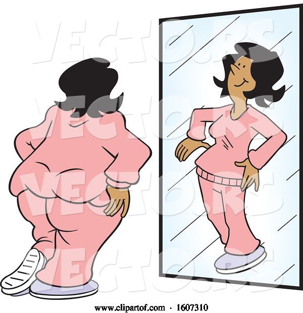 Vector of Delusional Cartoon Fat Black Lady Seeing Herself As Skinny in the Mirror