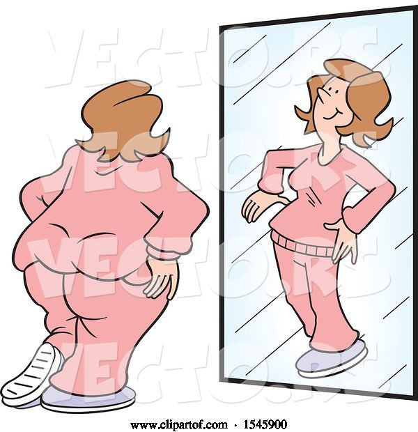 Vector of Delusional Fat White Cartoon Lady Seeing Herself As Skinny in the Mirror