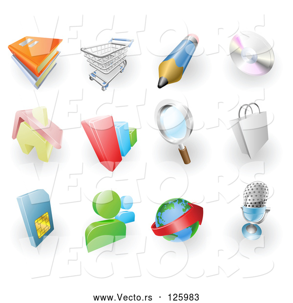 Vector of Digital Collage of Books, Shopping Cart, Pencil, Cd, Home, Bar Graph, Search, Shopping Bag, Sms Card, Chat, Email and Microphone Web Browser Icons