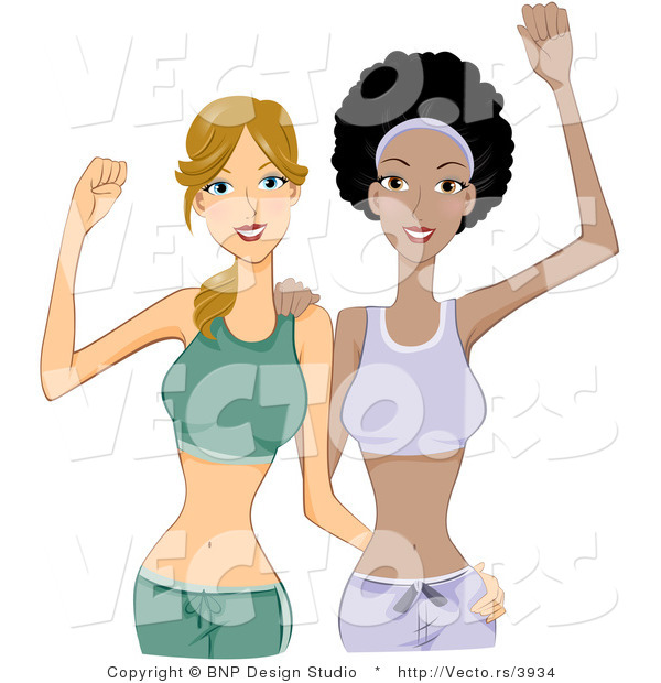 Vector of Dirty Blond and Black Girls in Fitness Clothes