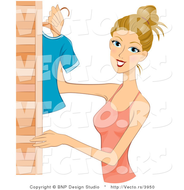 Vector of Dirty Blond Girl Hanging Clothes in a Closet
