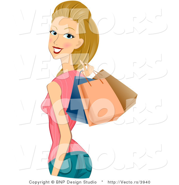 Vector of Dirty Blond Girl Holding Shopping Bags over Her Shoulder