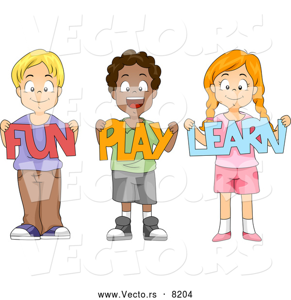 Vector of Diverse Cartoon School Children Holding "Fun Play Learn" Signs While Smiling