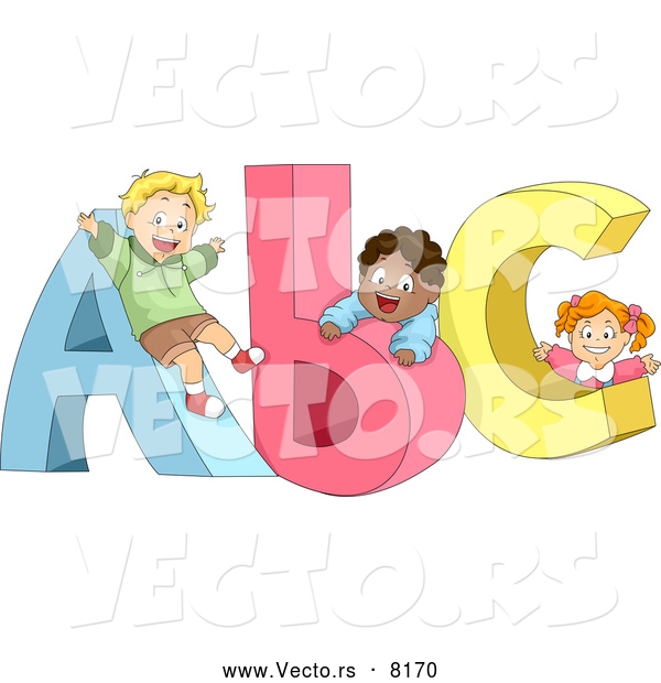 Vector of Diverse Cartoon School Children Playing on 'ABC' Letters