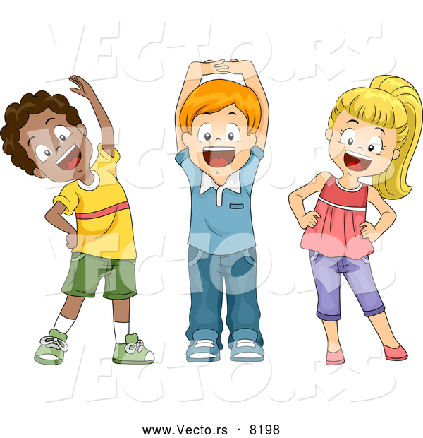 Vector of Diverse Cartoon School Children Stretching While Smiling