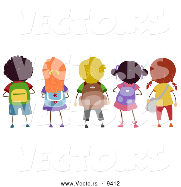 Vector of Diverse Cartoon School Children with Backpacks Standing in a Row