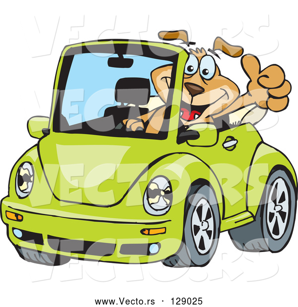 Vector of Dog Driving a Green Slug Bug Convertible and Giving the Thumbs up