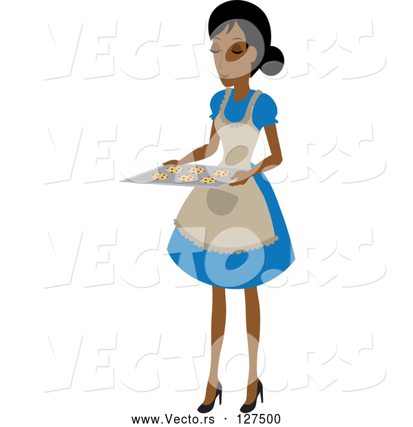 Vector of Domestic Hispanic Lady Holding Chocolate Chip Cookies on a Baking Sheet