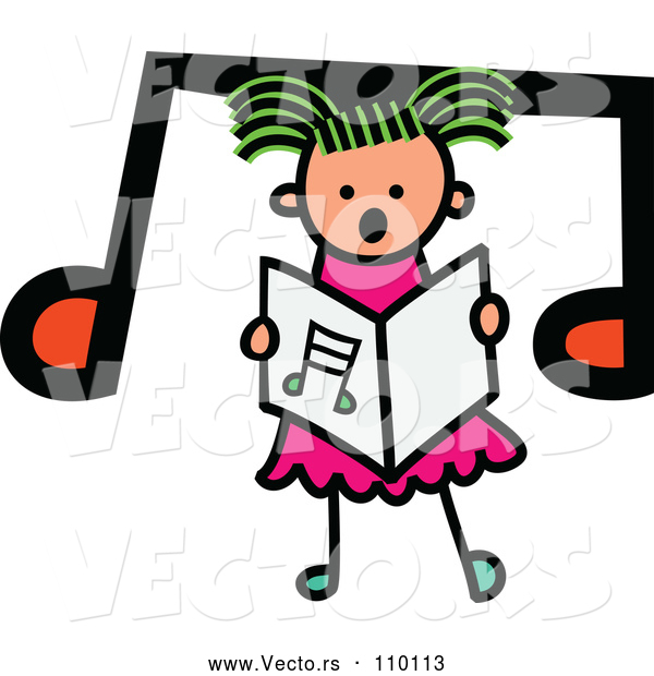 Vector of Doodled Toddler Art Sketched Greeb Haired White Girl Singing over a Big Music Note