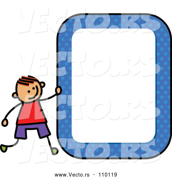 Vector of Doodled Toddler Art Sketched Orange Haired White Boy with a Blue Polka Dot Blank Sign