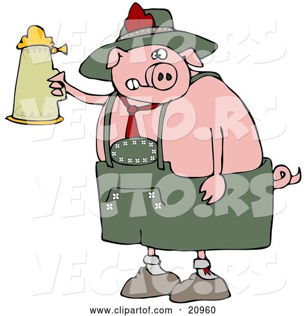 Vector of Drunk Cartoon Pig Drinking a Beer from a Setin at Oktoberfest