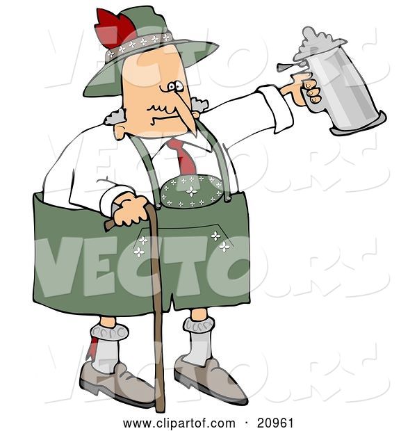 Vector of Drunk Old Senior Guy Walking with a Cane and Partying with a Beer Stein at Oktoberfest