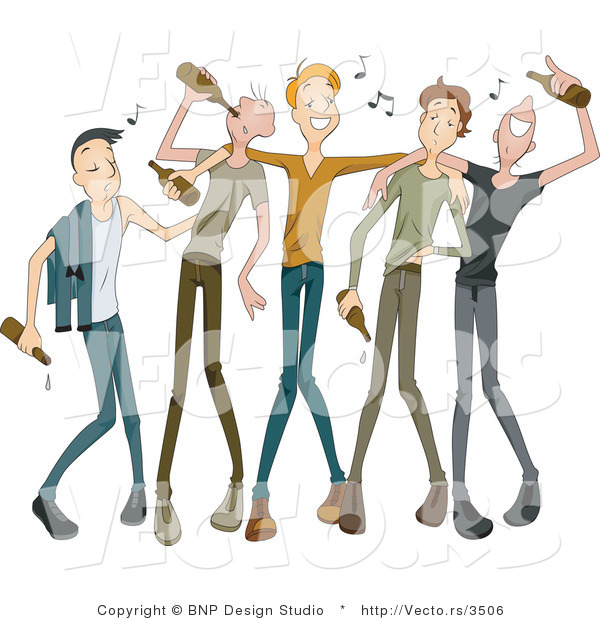 Vector of Drunk Young Men Drinking Beer Together