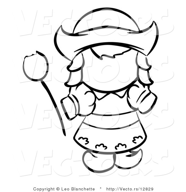 Vector of Dutch Girl with a Tulip - Coloring Page Outlined Art