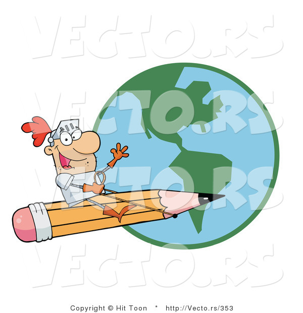 Vector of Earth Behind Freelance Knight Flying on a Giant Pencil in the Sky