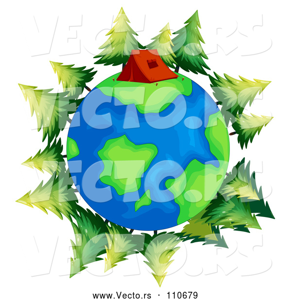Vector of Earth Globe with a Tent and Evergreen Trees