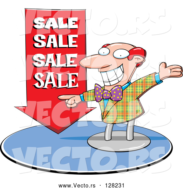 Vector of Energetic Cartoon Salesman Pointing to a Red 'SALE' Arrow