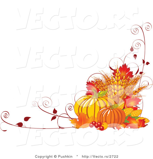 Vector of Fall Harvest with Wheat, Pumpkins, Vines and Autumn Leaves - Background Border Design