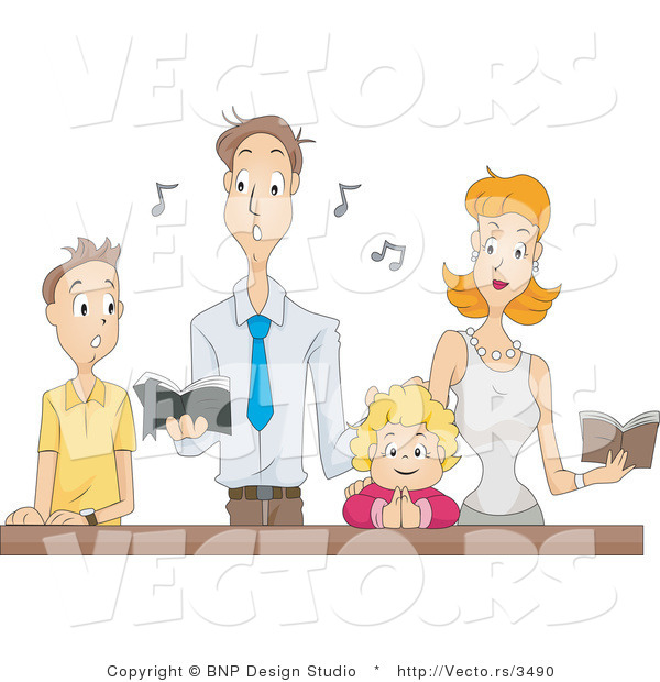 Vector of Family Singing Religious Music Together at Church