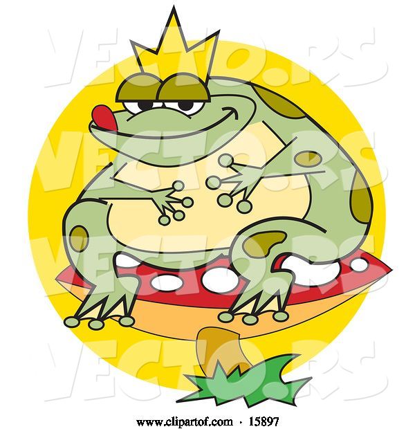 Vector of Fat Frog Prince Wearing a Crown and Sitting on a Red Mushroom with White Spots