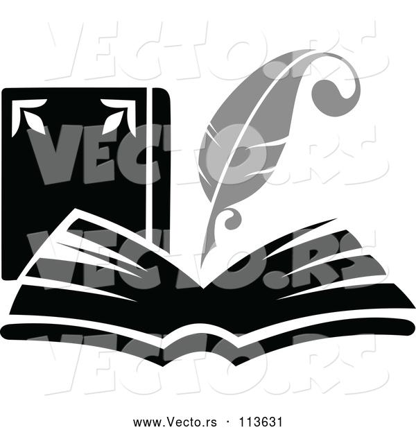 Vector of Feather Quill Pen Writing in a Book or Journal - Grayscale Theme