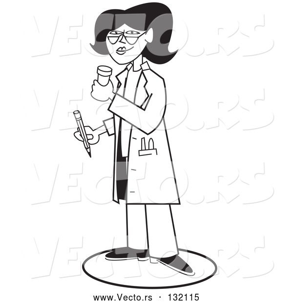 Vector of Female Doctor or Pharmacist Holding a Bottle of Pills and a Pencil While Prescribing Medication to a Patient in a Hospital