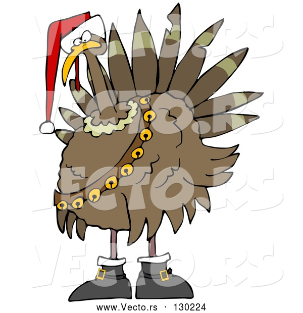 Vector of Festive Turkey Bird in a Santa Hat, Boots and Jingle Bells
