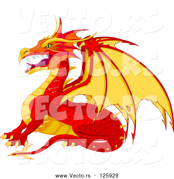 Vector of Fierce Cartoon Red and Yellow Dragon in Profile