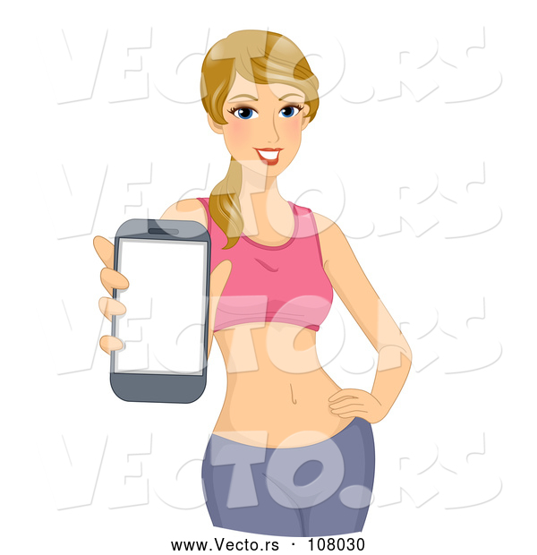 Vector of Fit Blond White Lady Holding out a Phone As if Showing a Fitness App