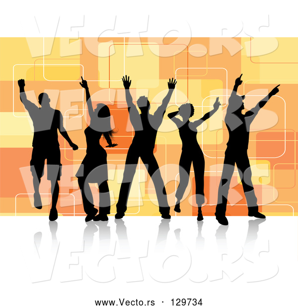 Vector of Five Black Silhouetted Dancers over a Retro Orange Square Background on a White Dance Floor