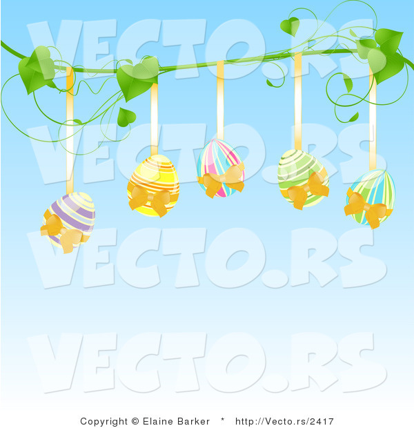 Vector of Five Painted Easter Eggs Hanging from a Vine Against Blue Background