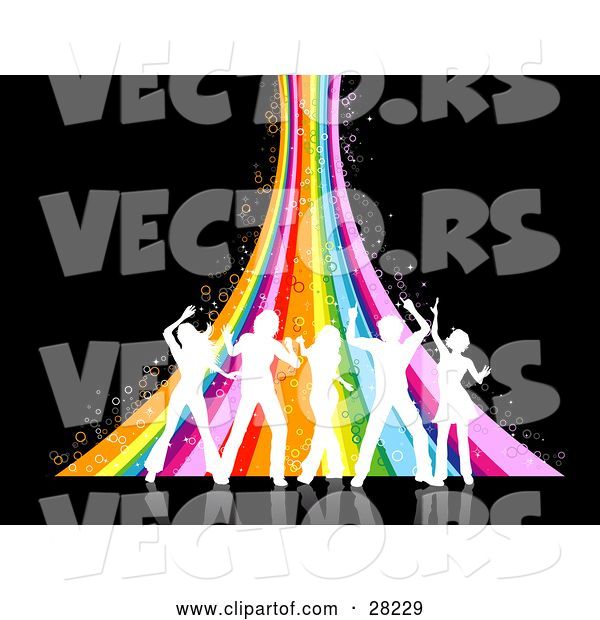 Vector of Five White Silhouetted People Dancing in Front of a Sparkly Rainbow over a Black Background