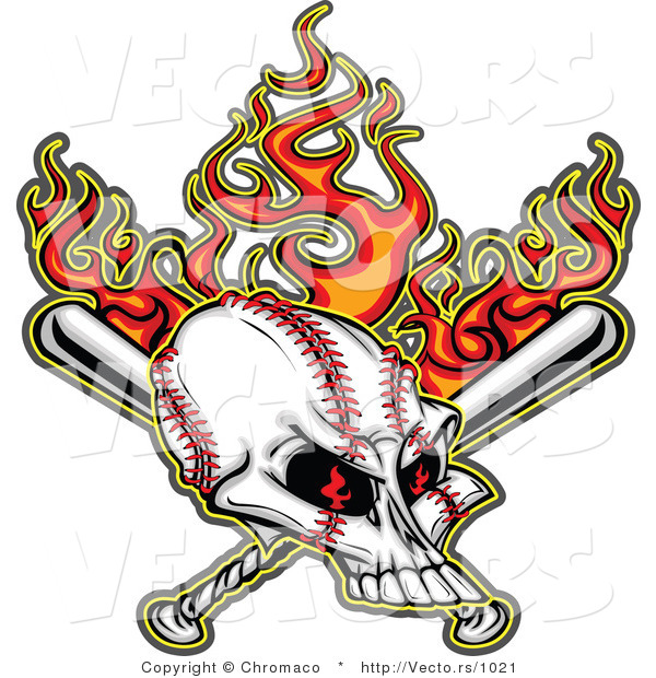 Vector of Flaming Baseball Skull over Crossed Bats in the Background