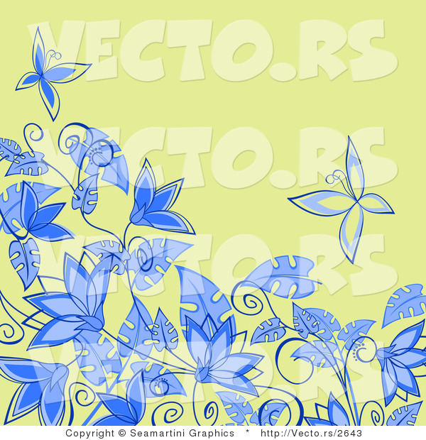 Vector of Floral Background Design with Blue Flowers and Butterflies over Green