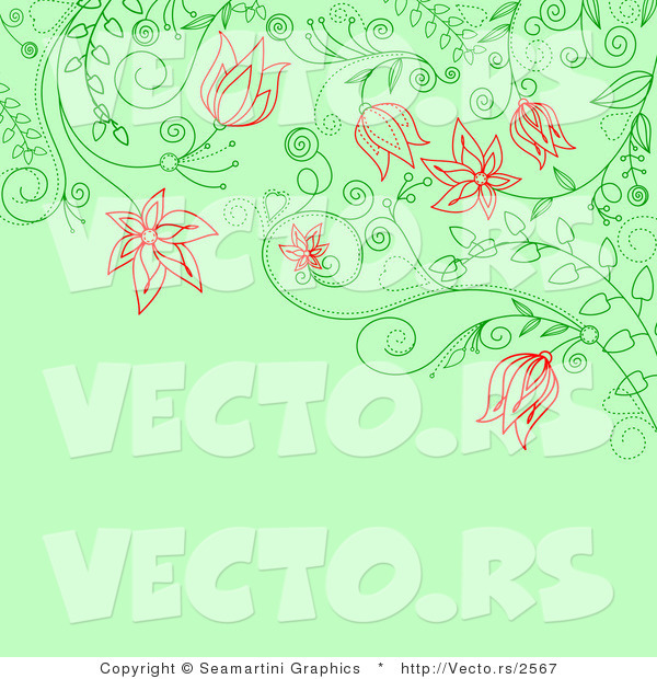Vector of Floral Background Design with Red Flowers over Green