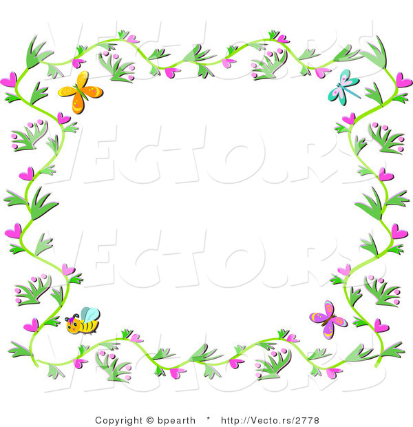 Vector of Floral Vines Border with Hearts, Bees and Butterflies