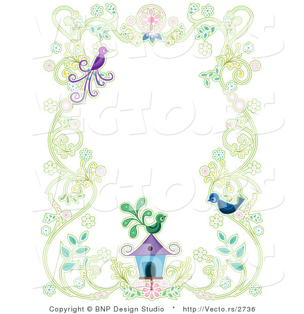 Vector of Floral Vines with Two Birds and a Bird House - Background Border Design